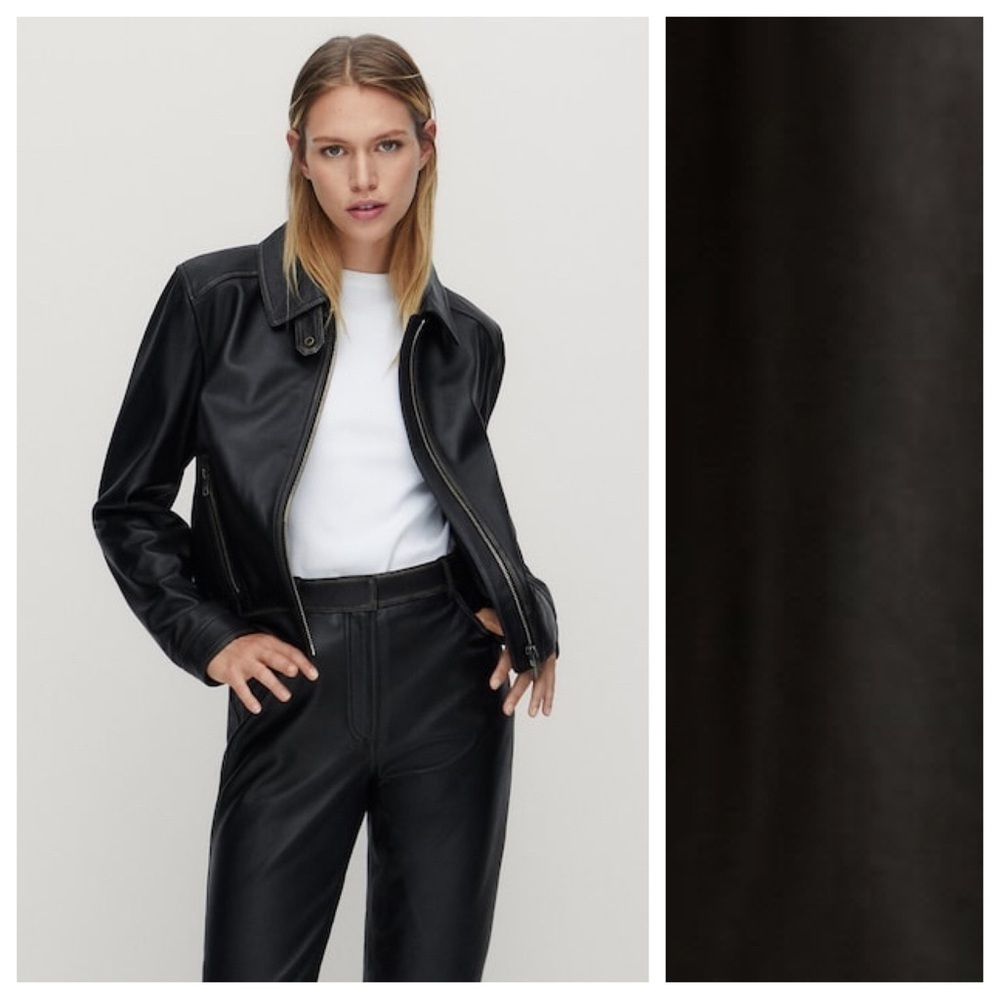 NWT. Massimo Dutti Black Nappa Leather Jacket with Detachable Collar. Size M.